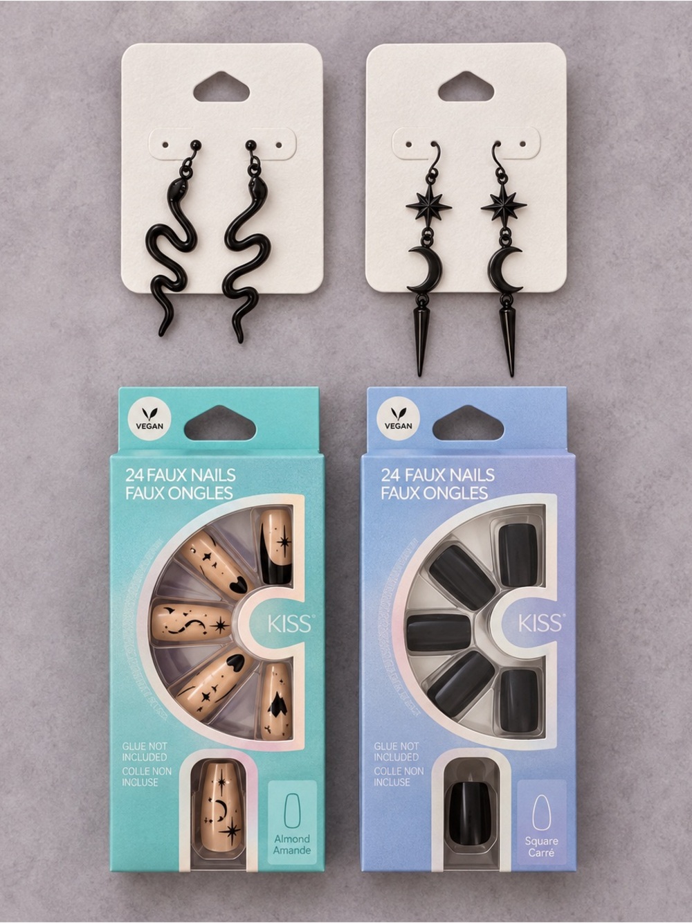 Goth Witchy Black Earrings &Press-On Nails Bundle – 4 Pieces